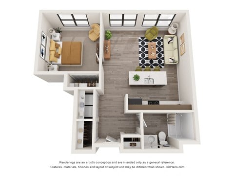 Floor plan for 1 bed, 1 bath, 839 sqft